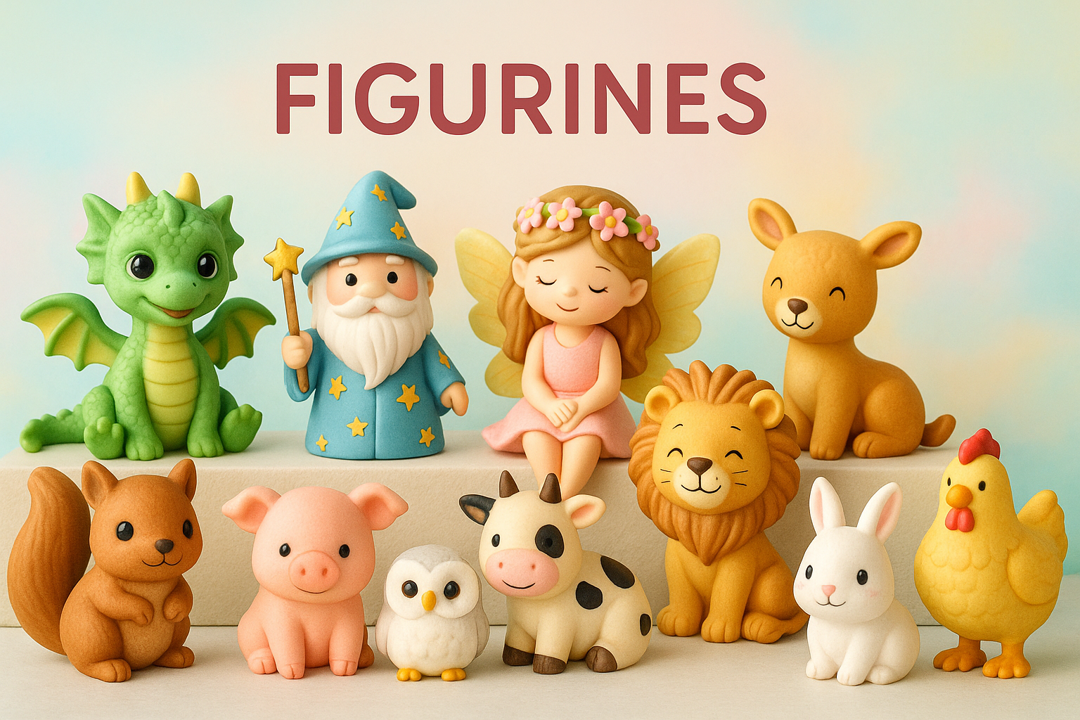 créé une image de couverture pour la catégorie des figurines dans différents domaines (fantastiques, animalier, ...) dans des tons de couleurs joyeux et clairs
