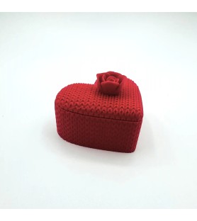 Boîte en cœur façon tricot avec couvercle et bouton en roses - Rouge