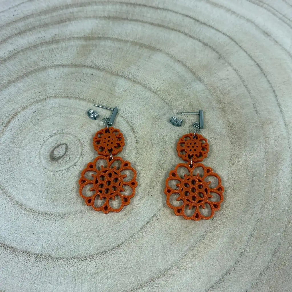 Boucles d'oreilles "Dentelle solaire" orange terracotta/argenté imprimées en 3D | Bijoux 3D - POMM Créations