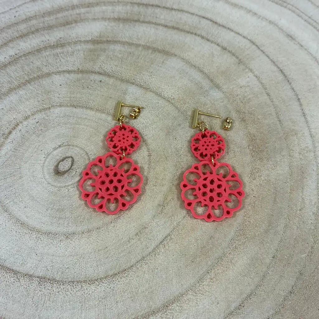 Boucles d'oreilles "Dentelle solaire" corail/doré imprimées en 3D | Bijoux 3D - POMM Créations