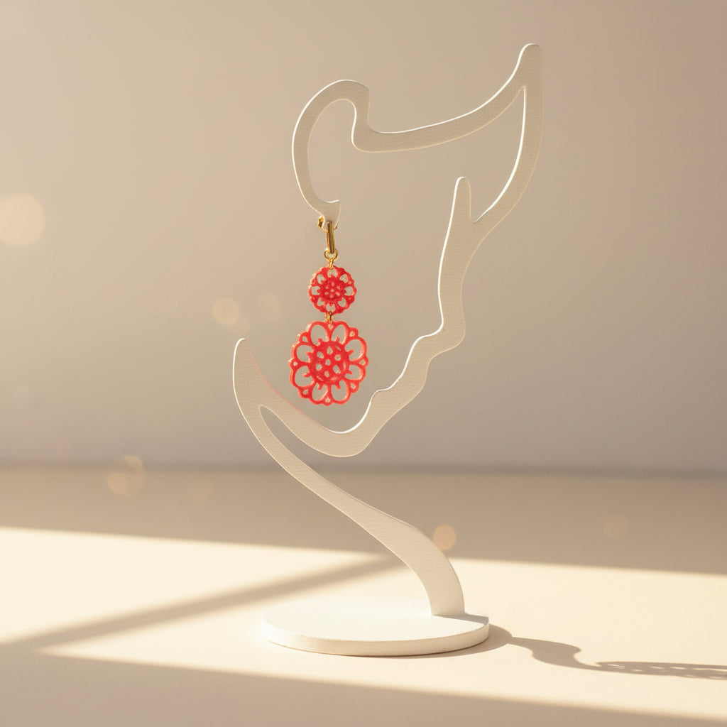 Boucles d'oreilles "Dentelle solaire" corail/doré imprimées en 3D | Bijoux 3D - POMM Créations