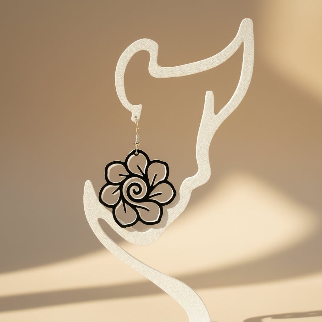 Boucles d'oreilles "Fleur spirale" noir/argenté imprimées en 3D | Bijoux 3D - POMM Créations
