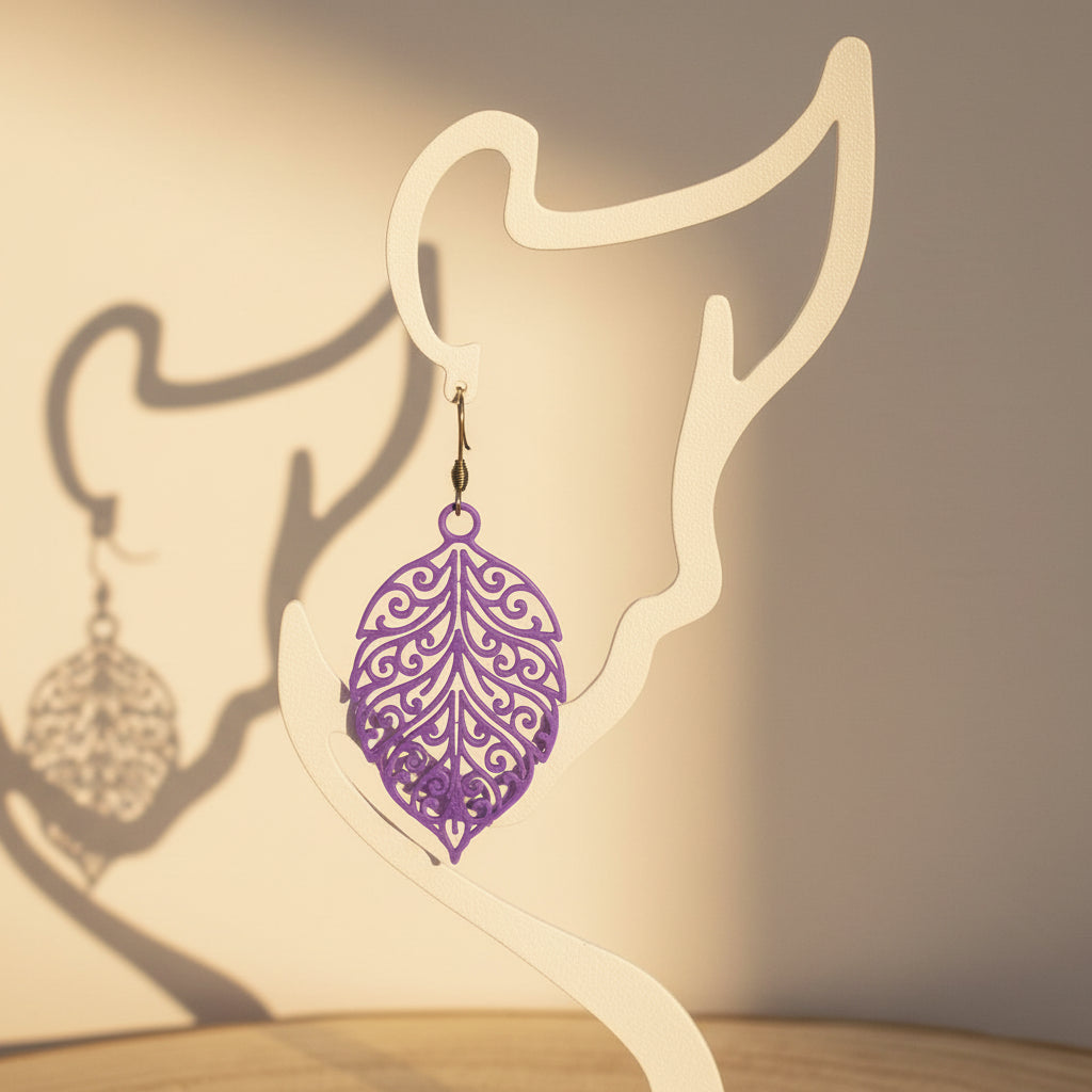 Boucles d'oreilles "Feuillage royal"  violet/argenté imprimées en 3D | Bijoux 3D - POMM Créations