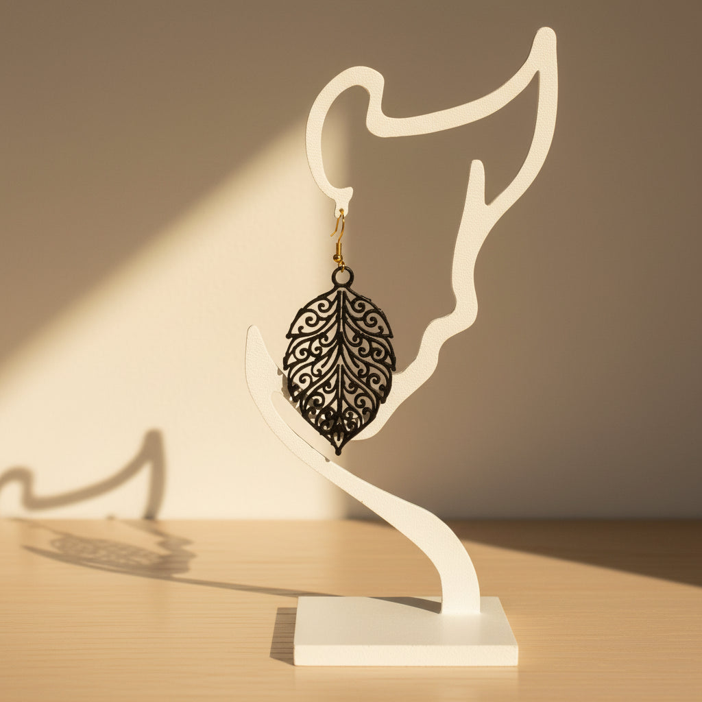 Boucles d'oreilles "Feuillage royal" noir/argenté imprimées en 3D | Bijoux 3D - POMM Créations