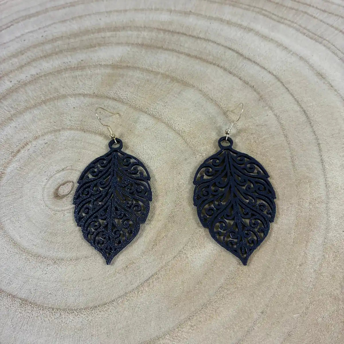 Boucles d'oreilles "Feuillage royal" noir/argenté imprimées en 3D | Bijoux 3D - POMM Créations