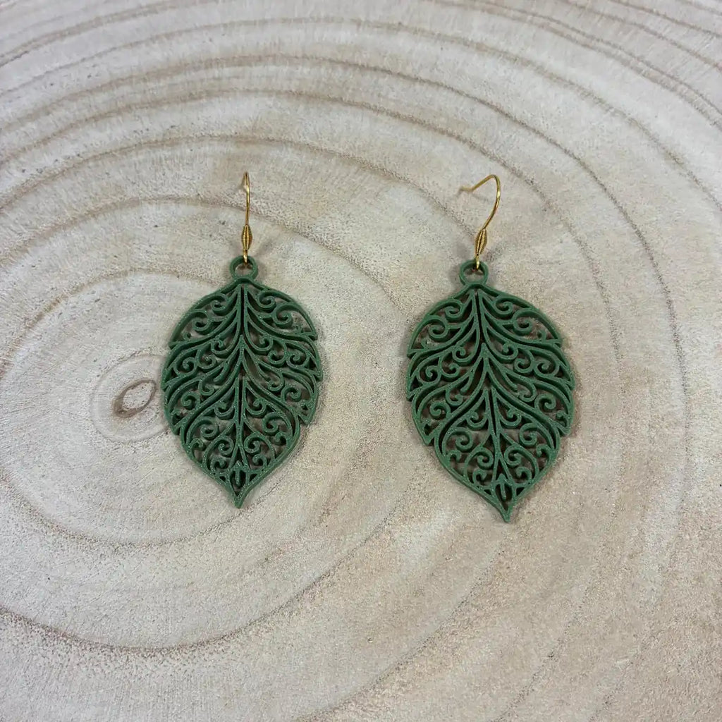 Boucles d'oreilles "Feuillage royal" vert forêt/doré imprimées en 3D | Bijoux 3D - POMM Créations