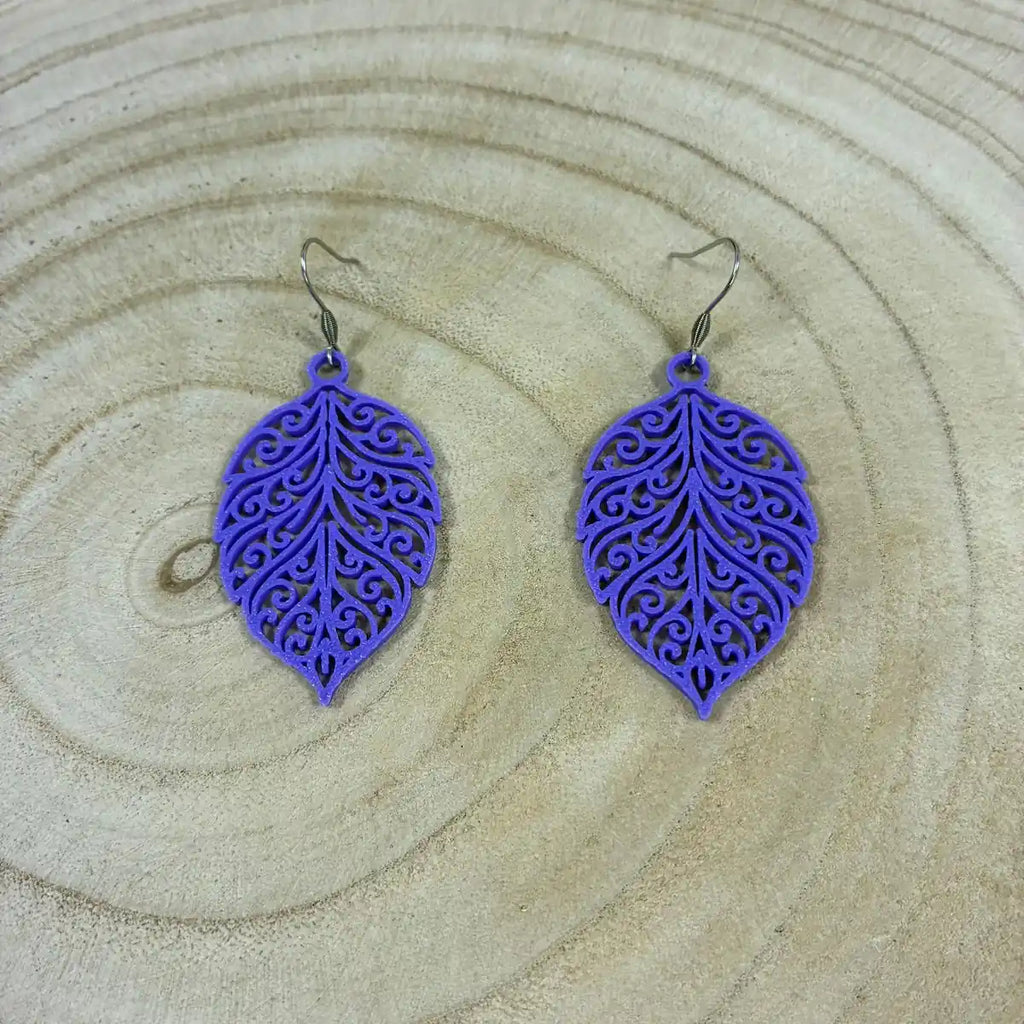 Boucles d'oreilles "Feuillage royal"  violet/argenté imprimées en 3D | Bijoux 3D - POMM Créations