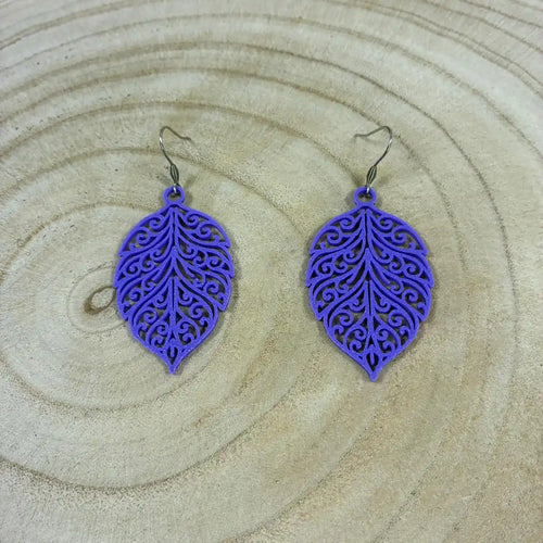 Boucles d'oreilles "Feuillage royal"  violet/argenté imprimées en 3D | Bijoux 3D - POMM Créations