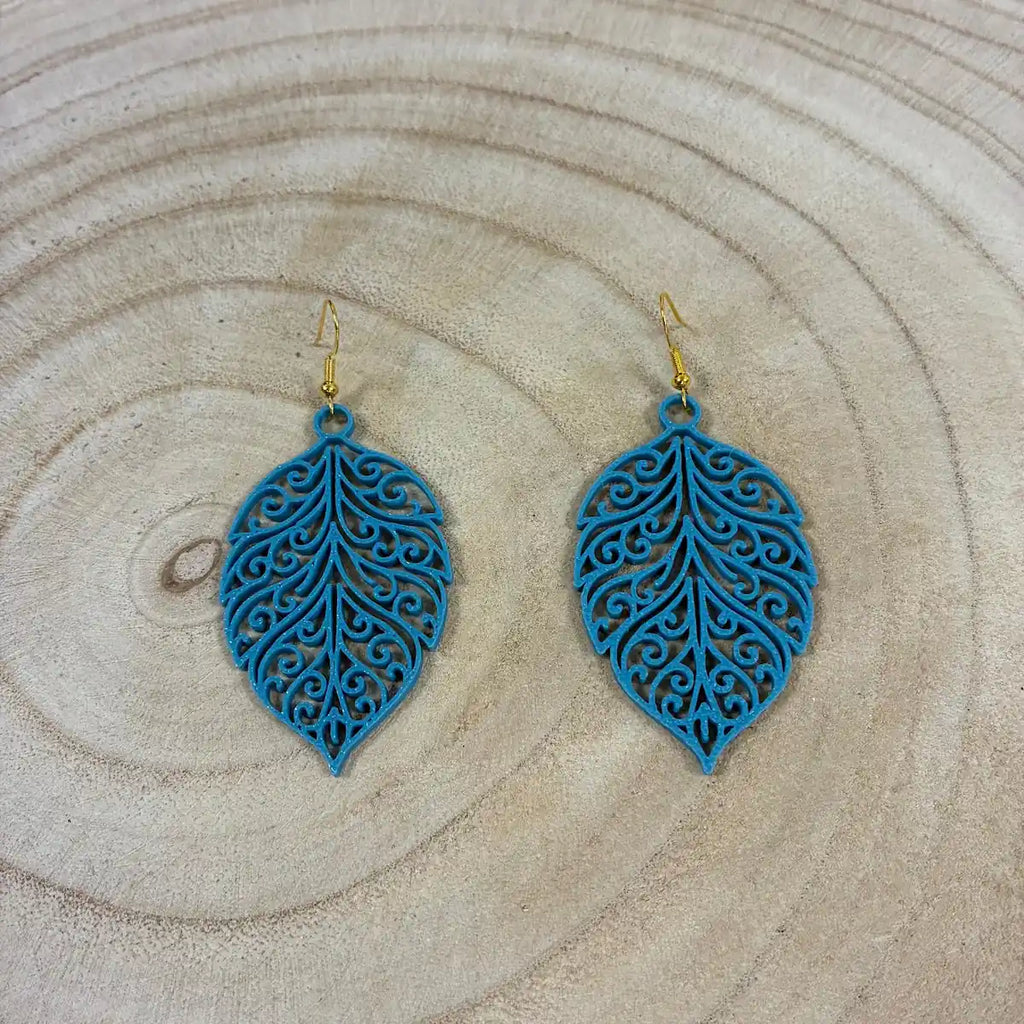 Boucles d'oreilles "Feuillage royal" bleu turquoise/doré imprimées en 3D | Bijoux 3D - POMM Créations