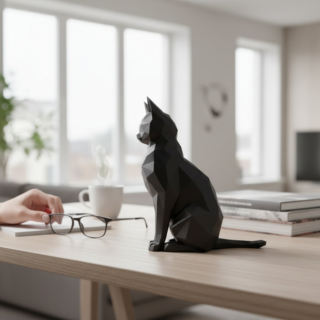 Chat assis au style origami imprimé en 3D | Figurine 3D - POMM Créations