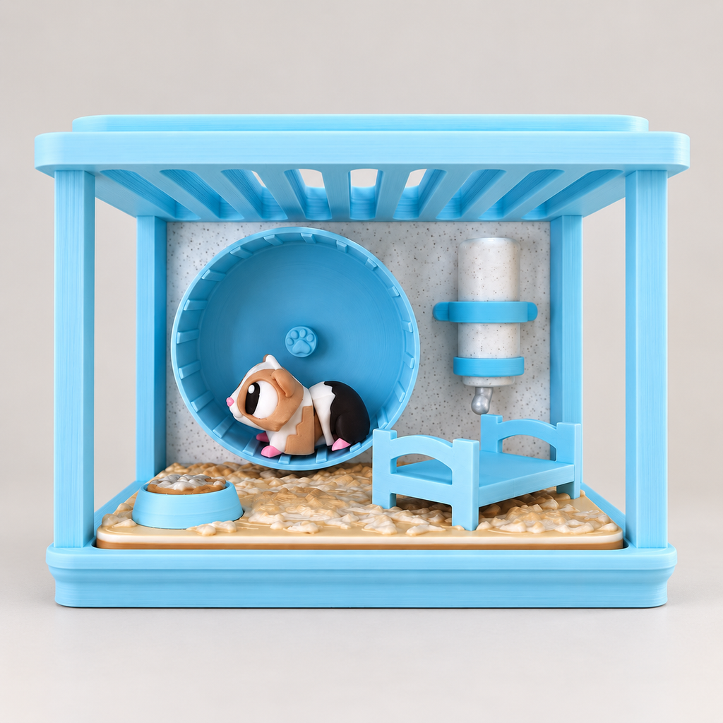 Cochon d'Inde articulé et sa cage en 3D